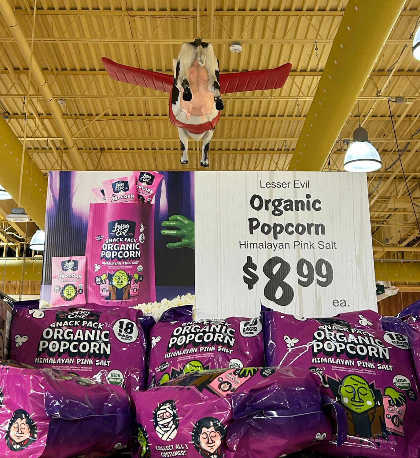 A custom sign for Lesser Evil popcorn, sold at Stew Leonard's.