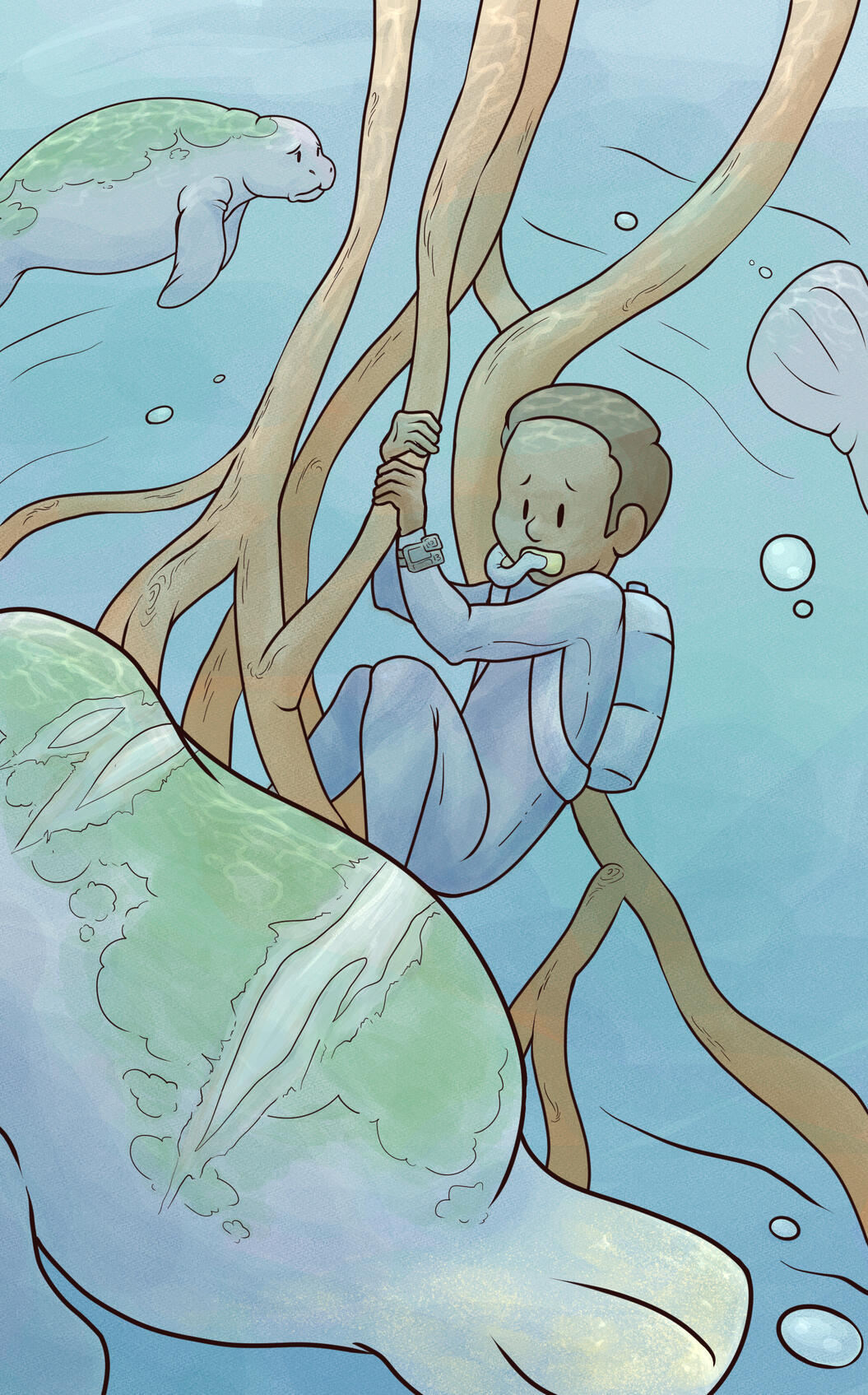 An interior image for "Tales of Scuba Steve: Manatus Grove", the fourth book in the series.