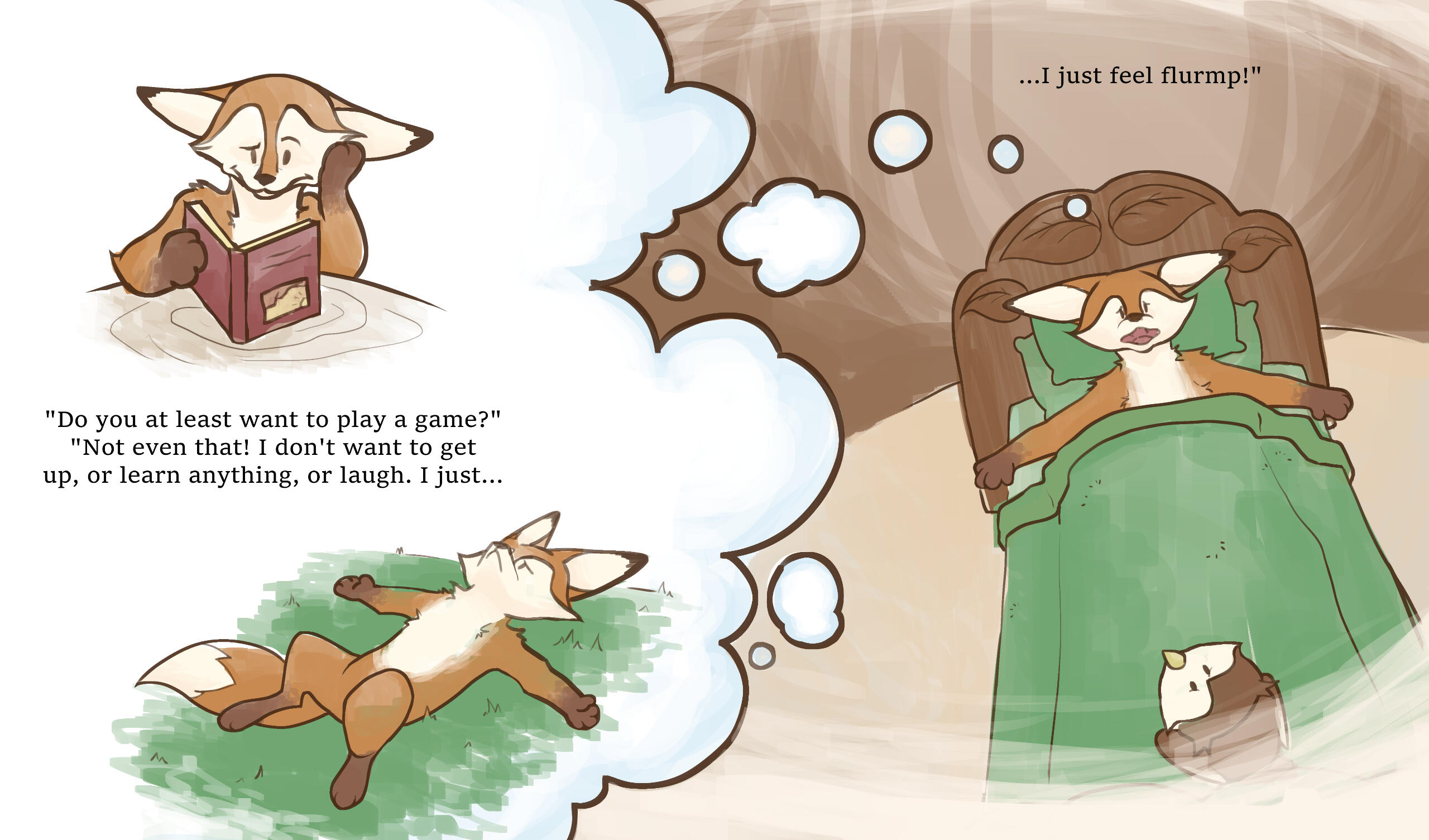 A spread from &quot;Flurmp!&quot;, a pre-published book for early readers.
