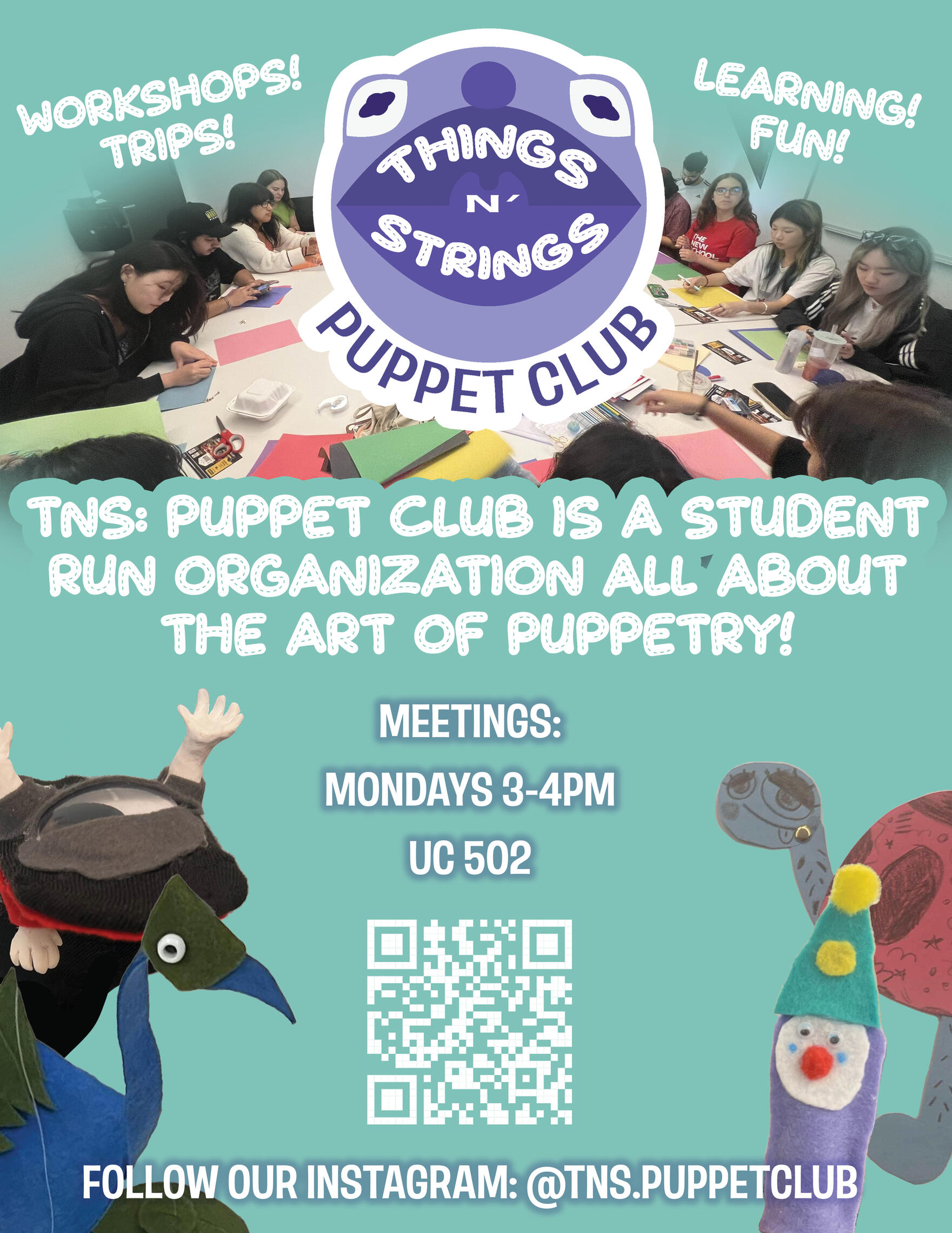 Informational poster for Things n' Strings: Puppet Club.