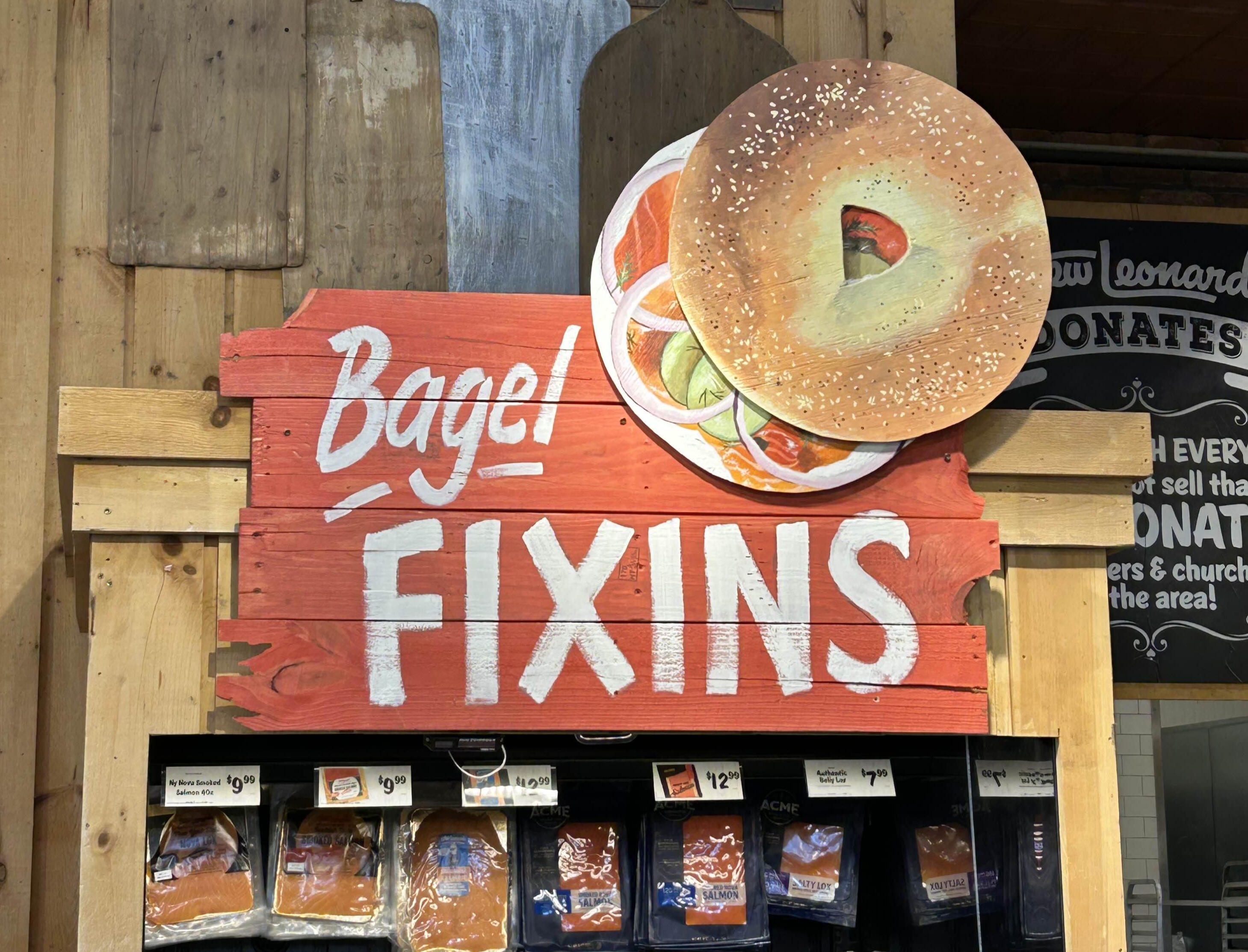 Hand-painted bagel sign for Stew Leonards.